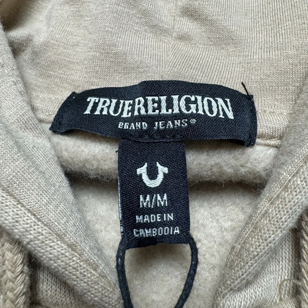 True Religion Zip Hoodie Men Medium Travertine Beige Foil Logo Taping 700315 New